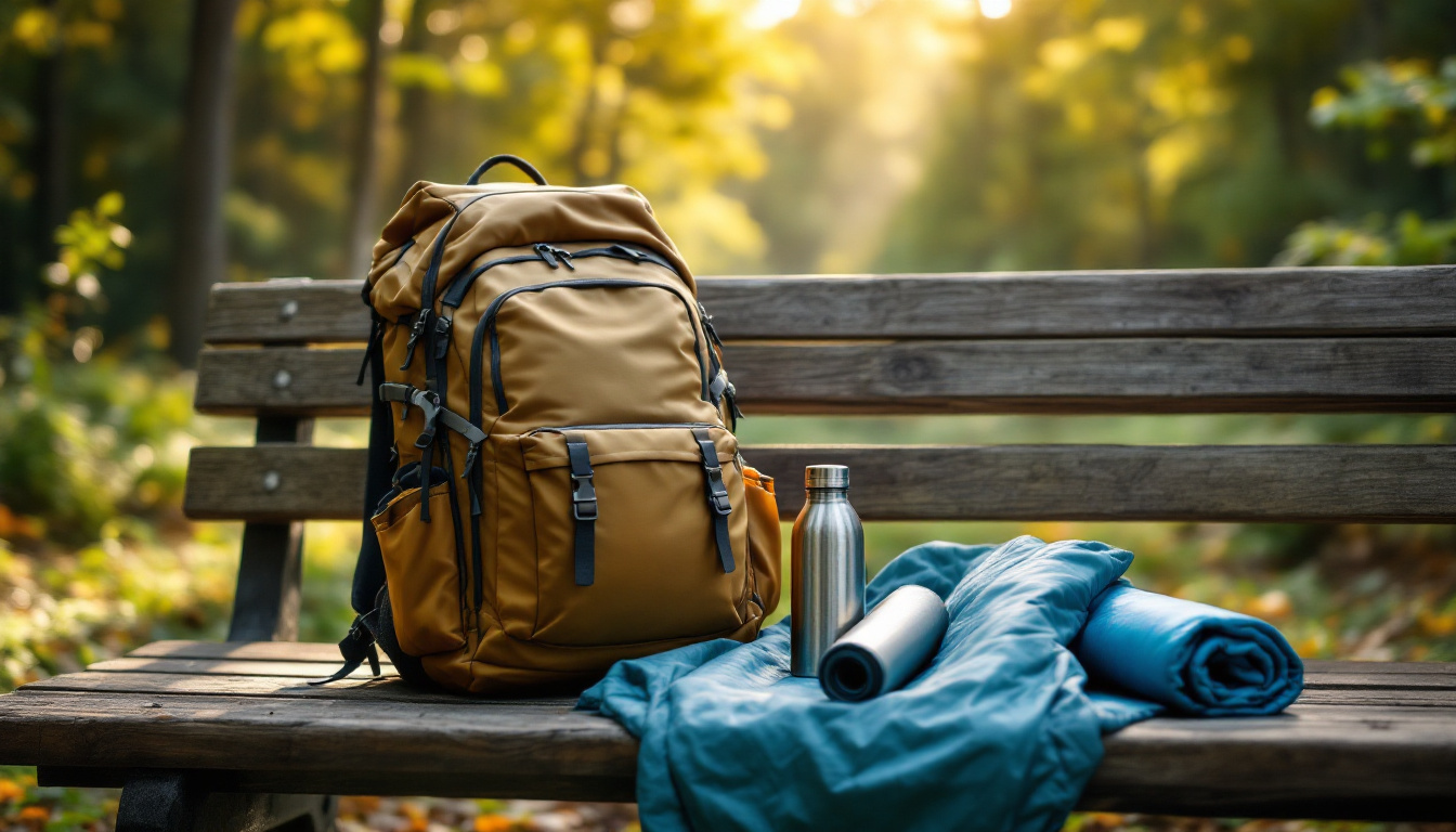 Ausrüstung für kleine Reisen: Rucksack, Trinkflasche und Schlafmatte im Wald